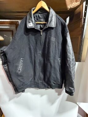 #3921-Black Bomber Jacket with Leather Trim - Men's Varsity Style